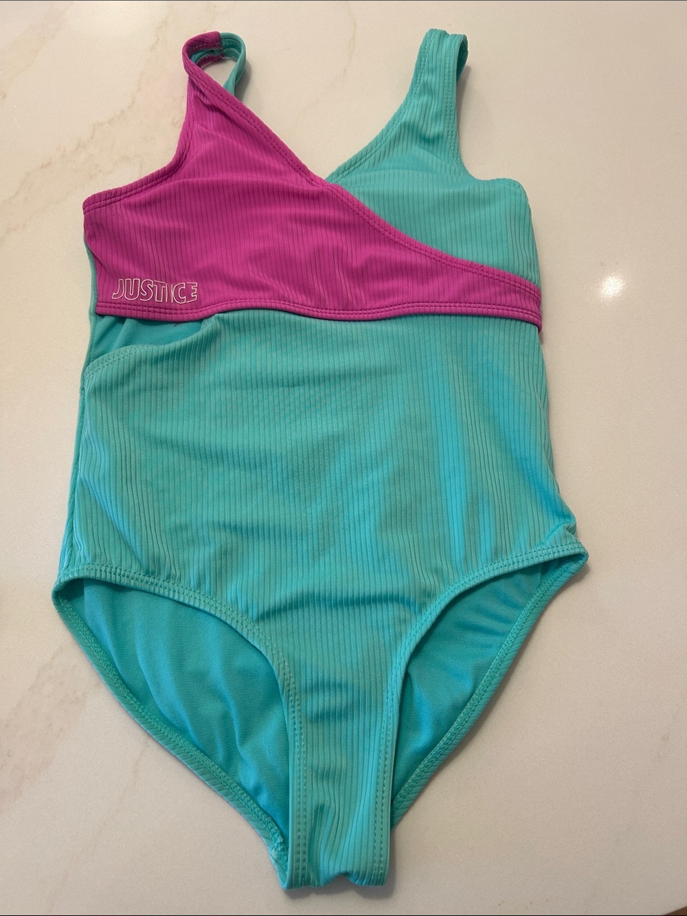 Justice Aqua and Pink Ribbed One-Shoulder Girls' Swimsuit size M